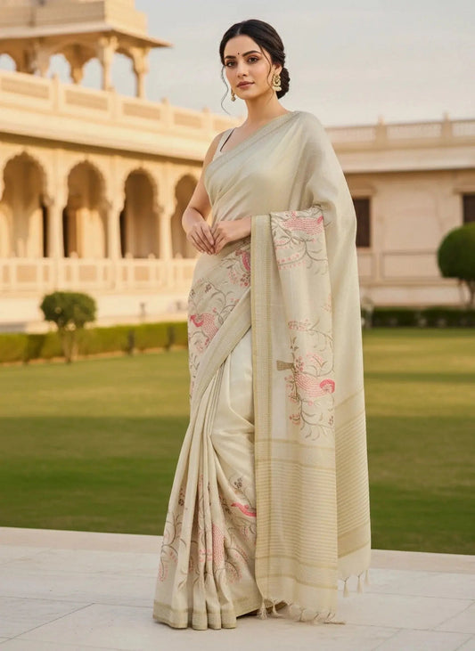 Beige With Pink Embroidery Saree - SOL BY SMITHA