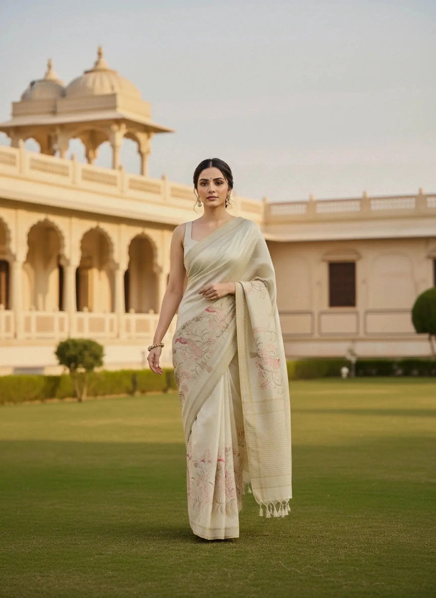 Beige With Pink Embroidery Saree - SOL BY SMITHA