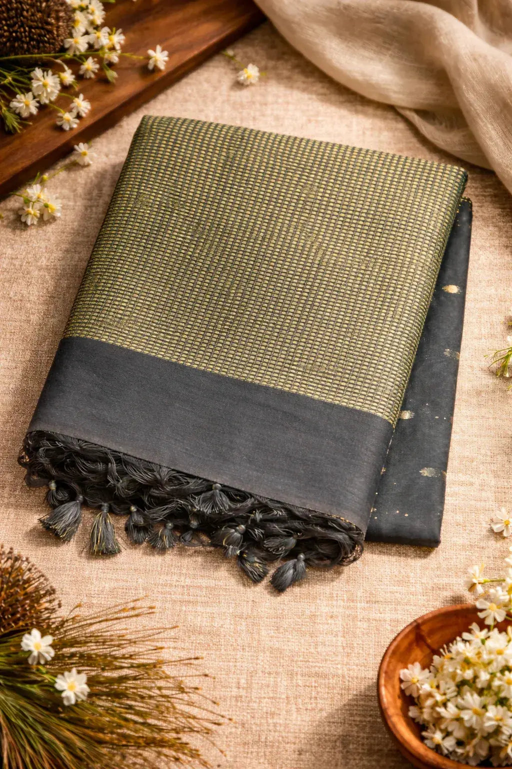 Black Chanderi Cotton Saree - SOL BY SMITHA