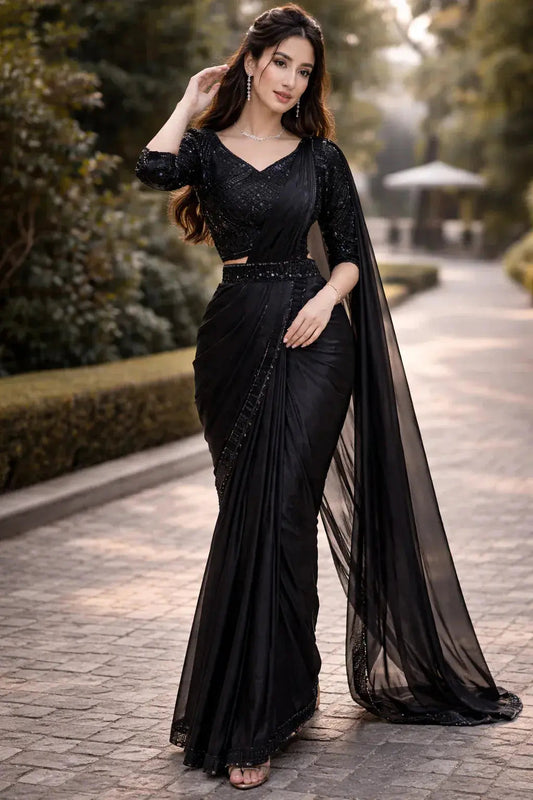Black drape saree with ready made blouse - SOL BY SMITHA