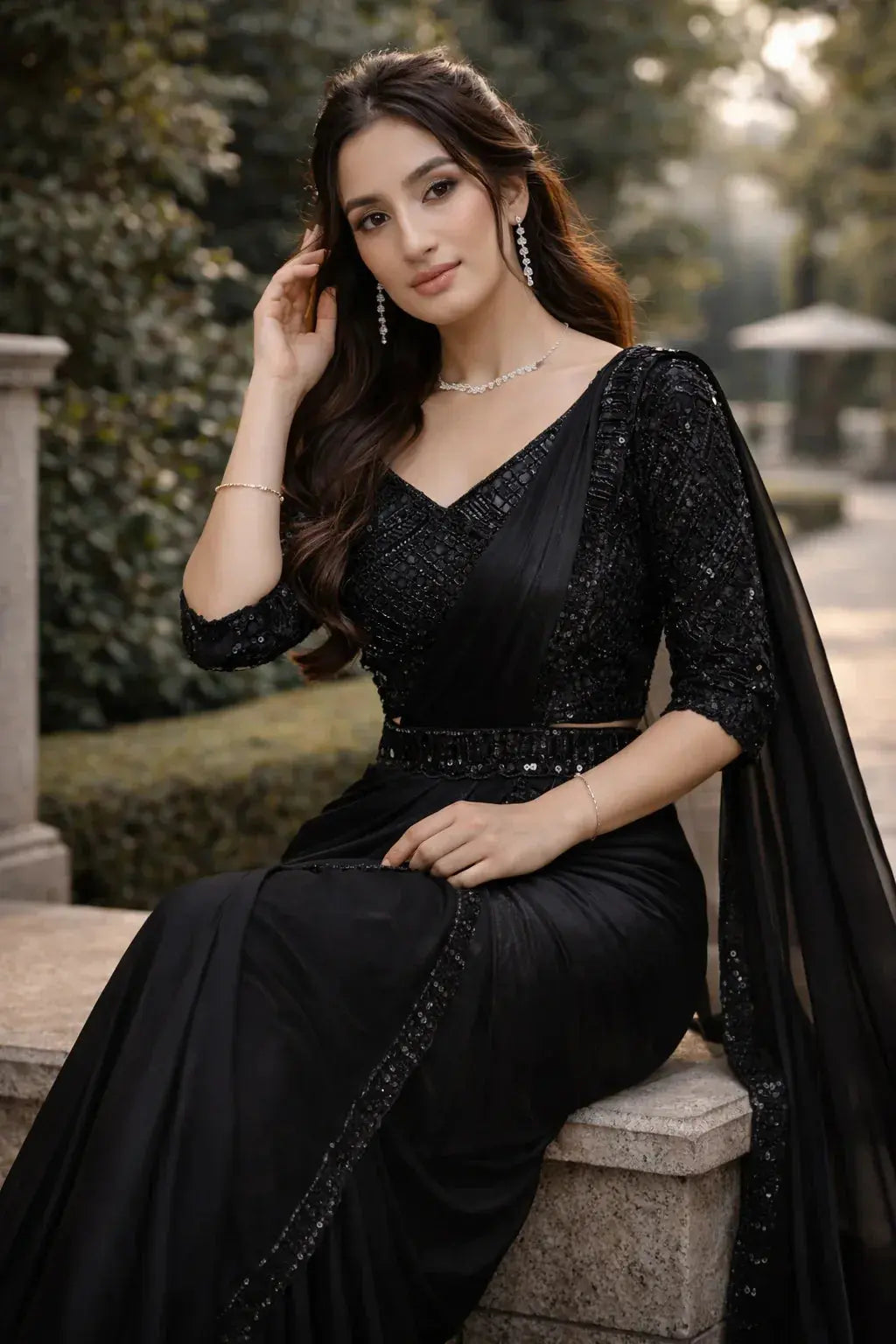 Black drape saree with ready made blouse - SOL BY SMITHA