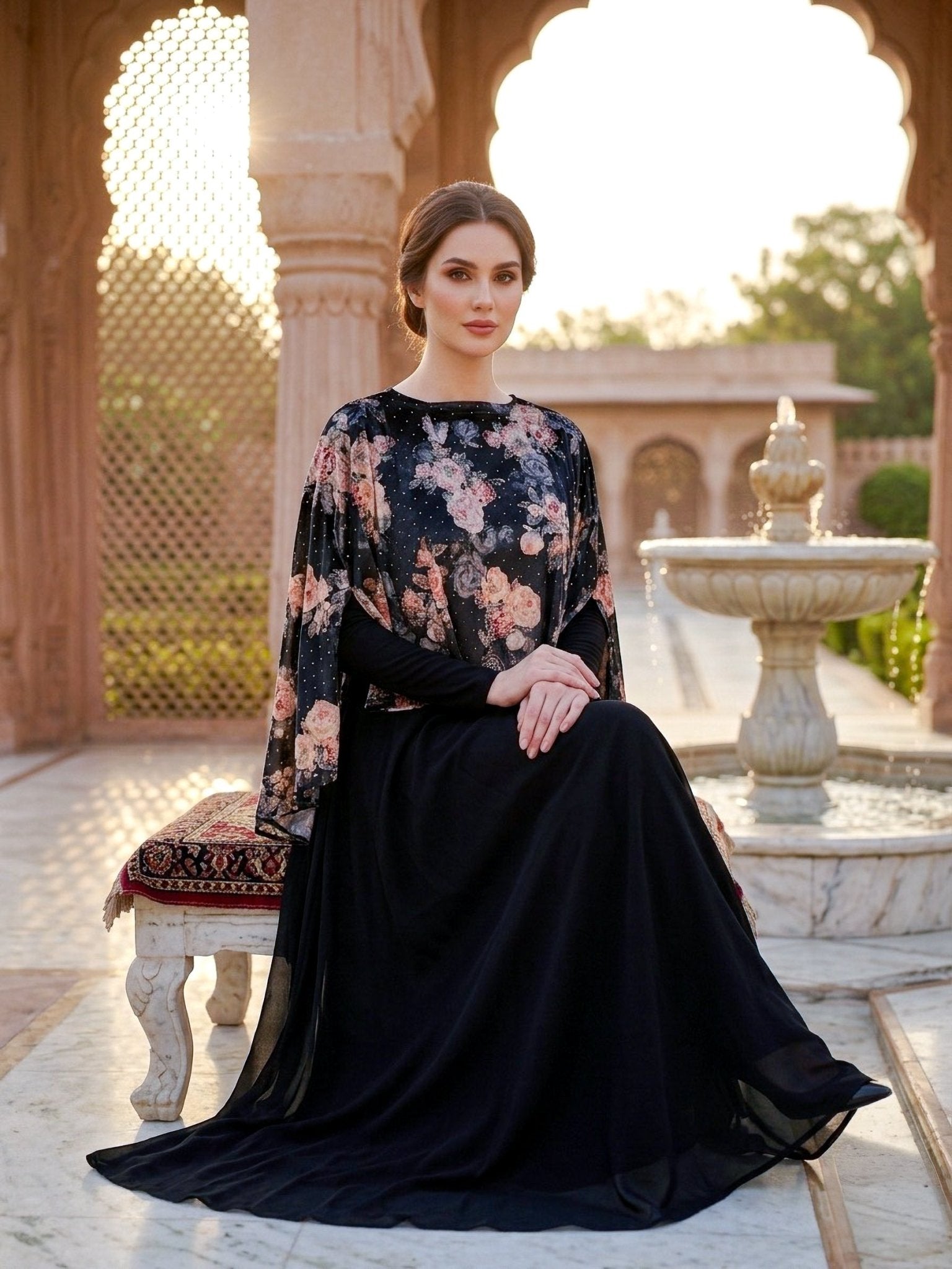 Black Georgette Gown with Velvet Cape - SOL BY SMITHA