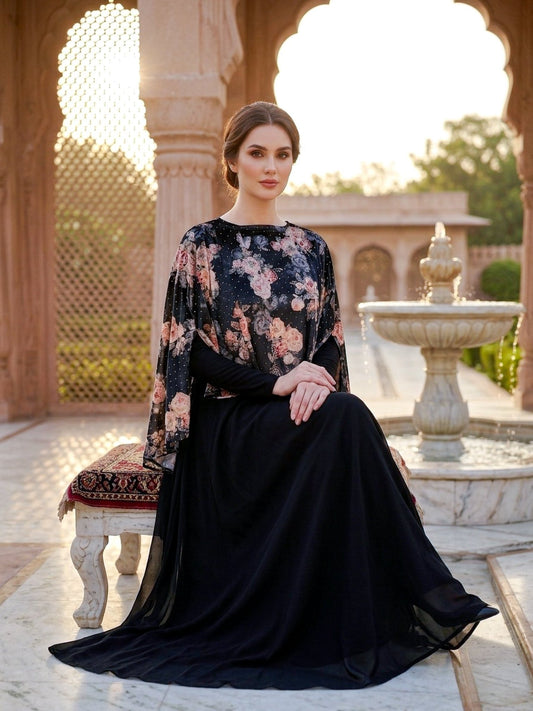 Black Georgette Gown with Velvet Cape - SOL BY SMITHA