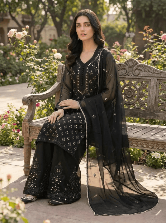 Black Mirror Work Kurta Palazzo 3 - Piece Set - SOL BY SMITHA