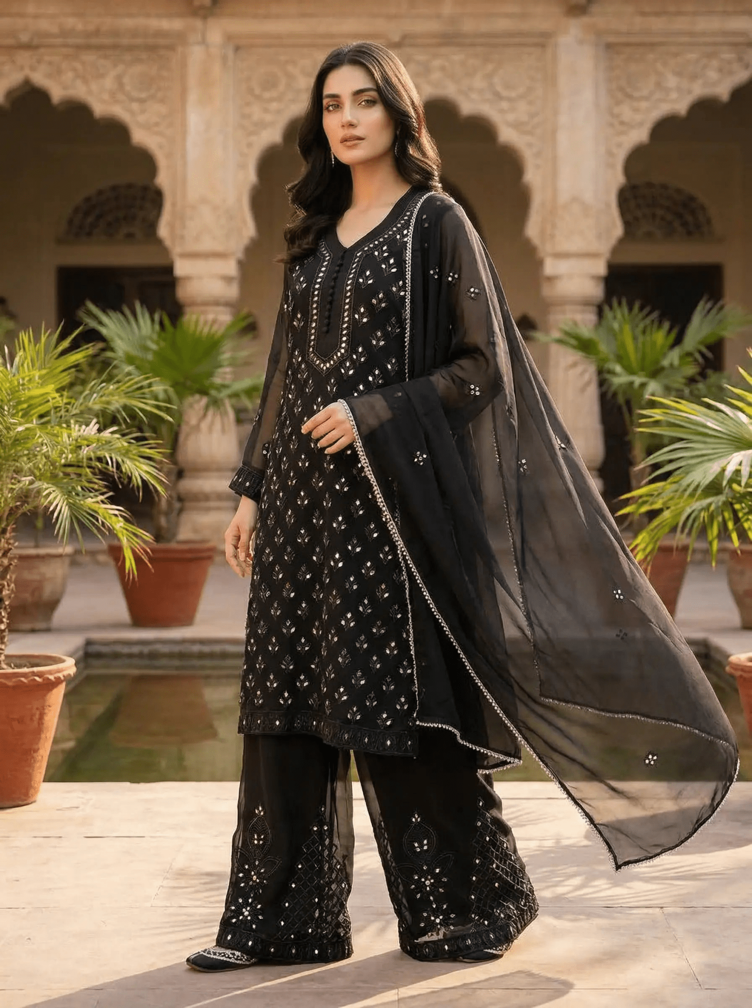 Black Mirror Work Kurta Palazzo 3 - Piece Set - SOL BY SMITHA