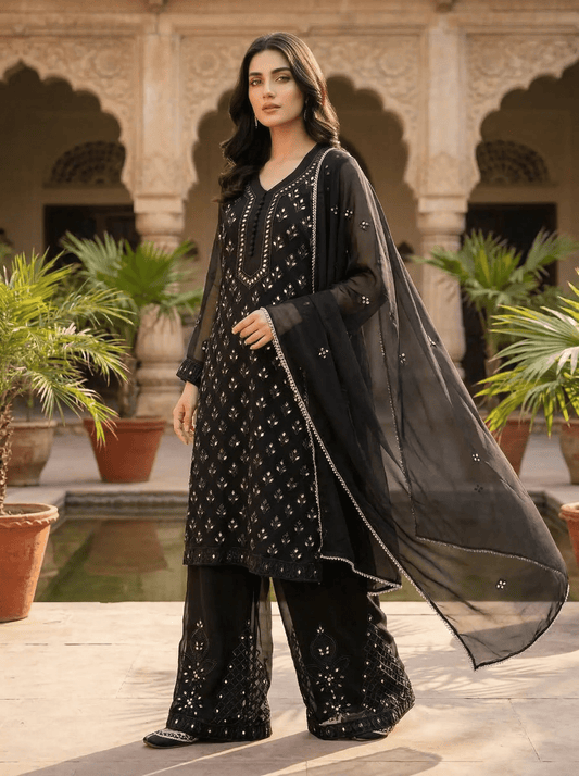 Black Mirror Work Kurta Palazzo 3 - Piece Set - SOL BY SMITHA