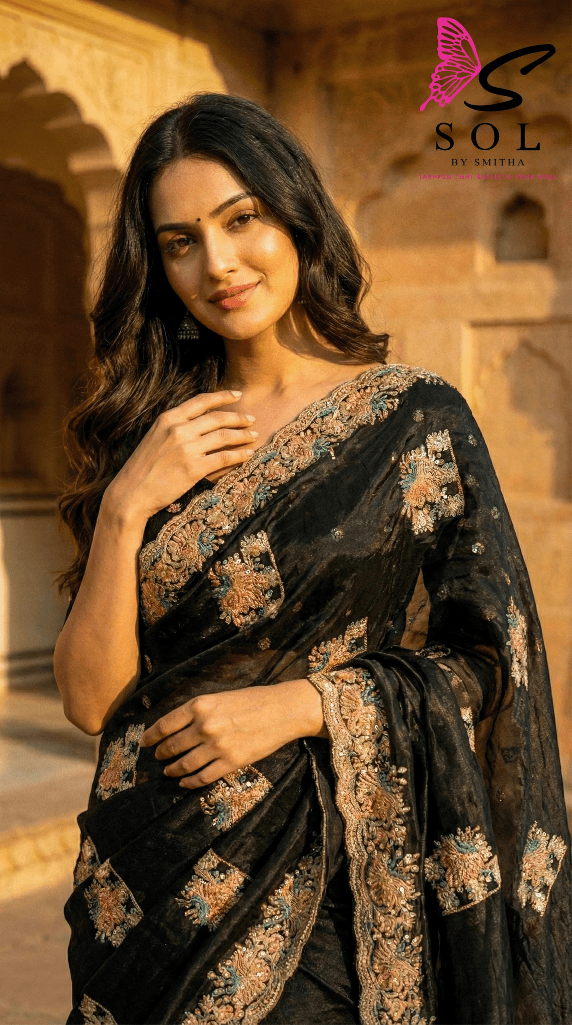 Black With Multicolor Stone Work Saree - SOL BY SMITHA