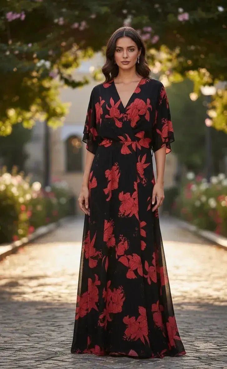 Black With Red Flowers Dress - SOL BY SMITHA