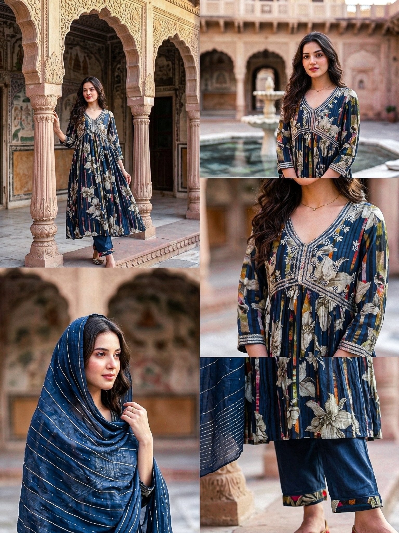 Blue Flared Kurta Set for Women | Frock Style 3 Piece Suit with Dupatta - SOL BY SMITHA