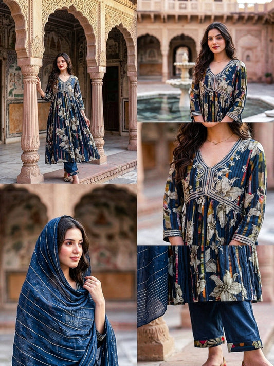 Blue Flared Kurta Set for Women | Frock Style 3 Piece Suit with Dupatta - SOL BY SMITHA