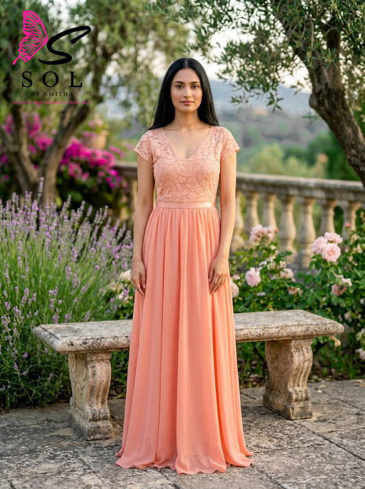 Blush Peach Lace Maxi Dress – Elegant Party & Day Dress Dubai - SOL BY SMITHA