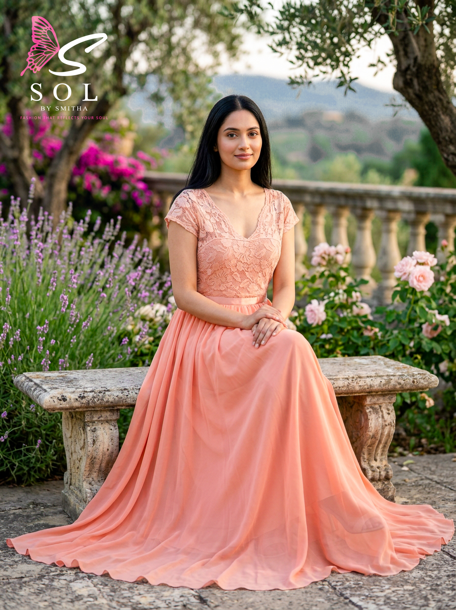 Blush Peach Lace Maxi Dress – Elegant Party & Day Dress Dubai - SOL BY SMITHA