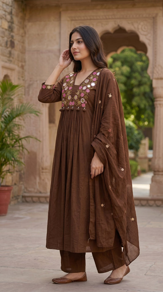 Brown Mirror Work 3-piece suit by SOL BY SMITHA, featuring intricate mirror embroidery on a traditional ensemble.
