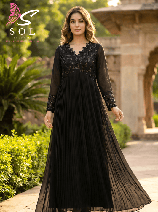 Charcoal Grey Embroidered Pleated Gown - SOL BY SMITHA
