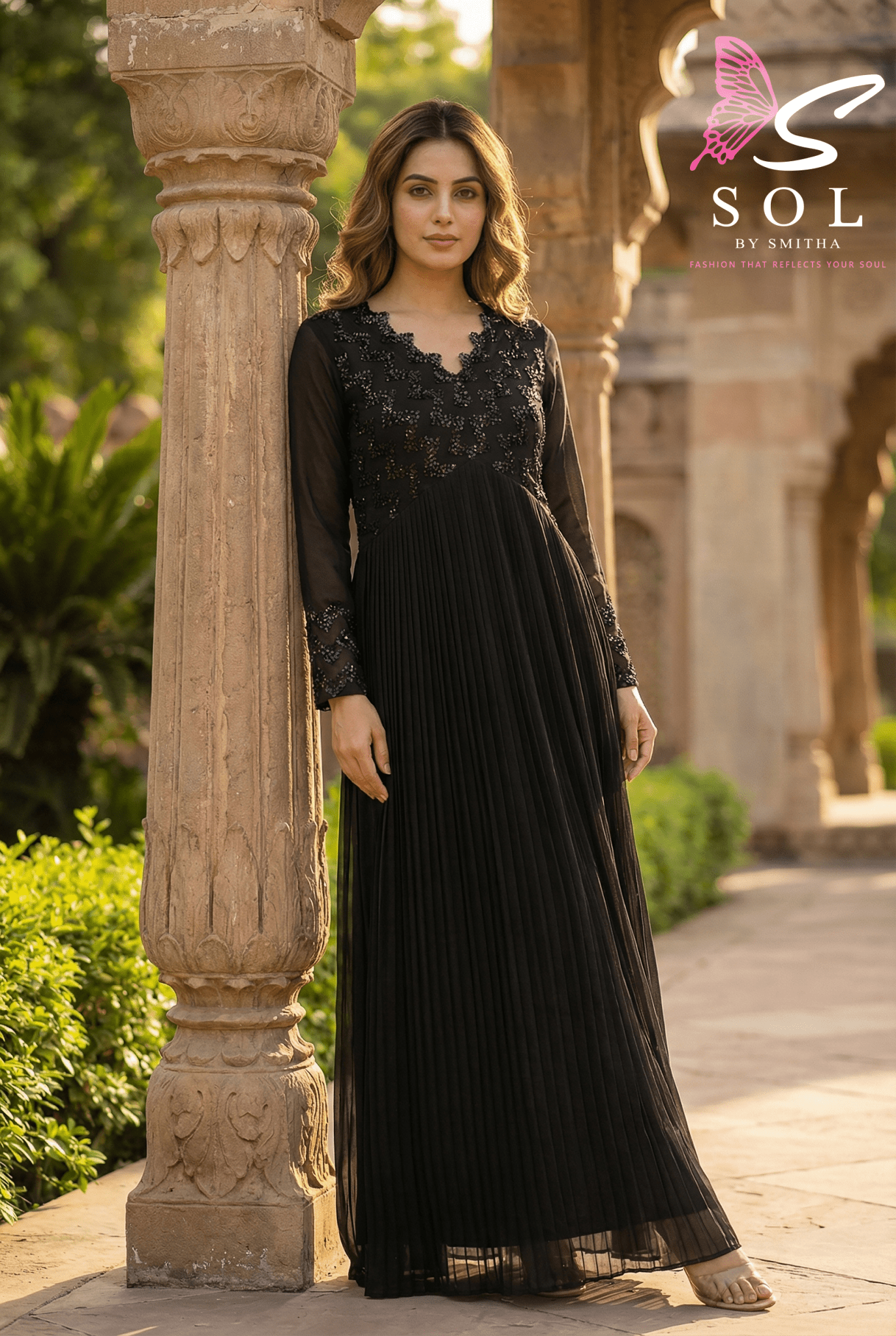 Charcoal Grey Embroidered Pleated Gown - SOL BY SMITHA