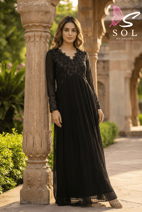 Charcoal Grey Embroidered Pleated Gown - SOL BY SMITHA