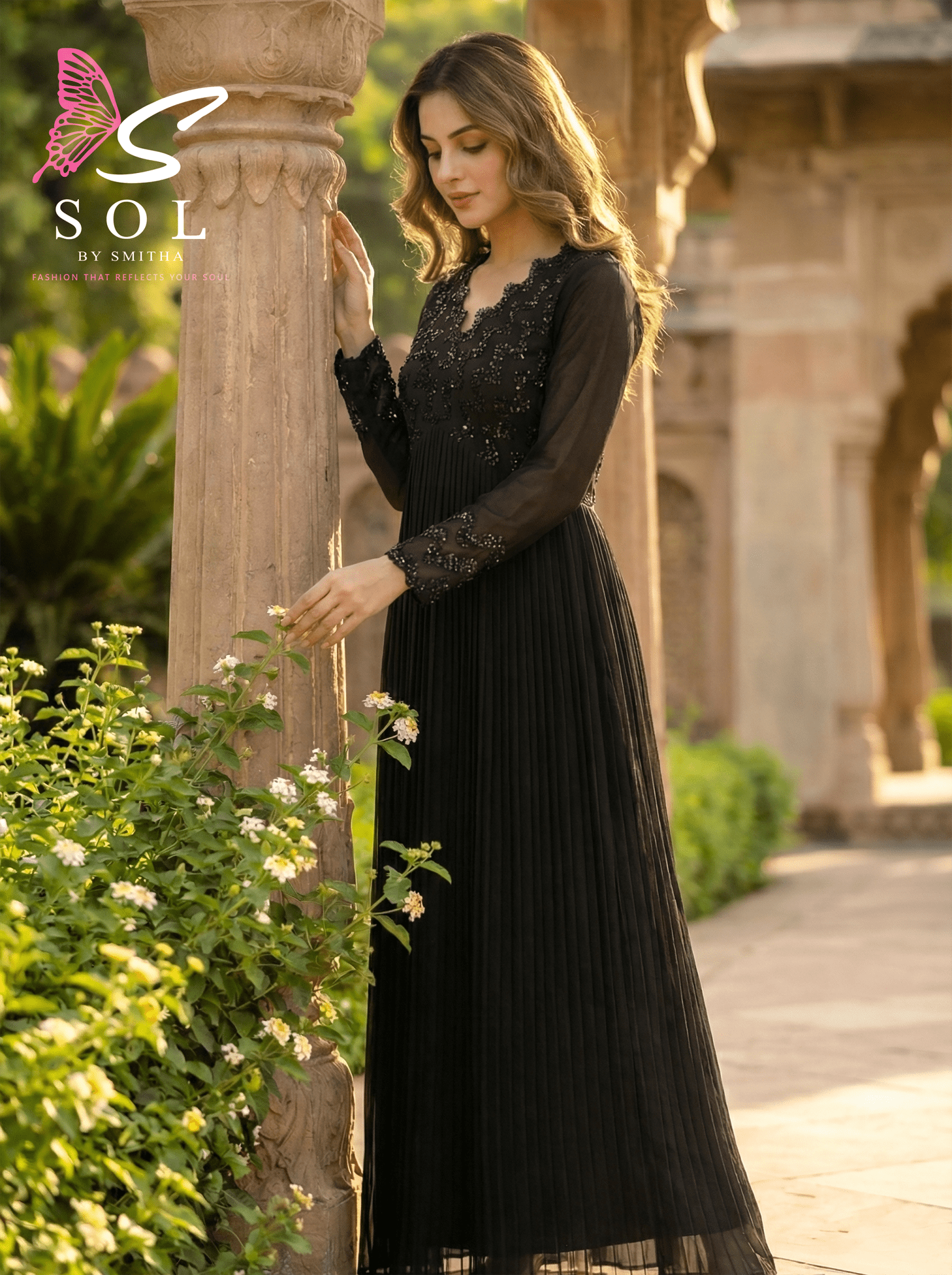 Charcoal Grey Embroidered Pleated Gown - SOL BY SMITHA