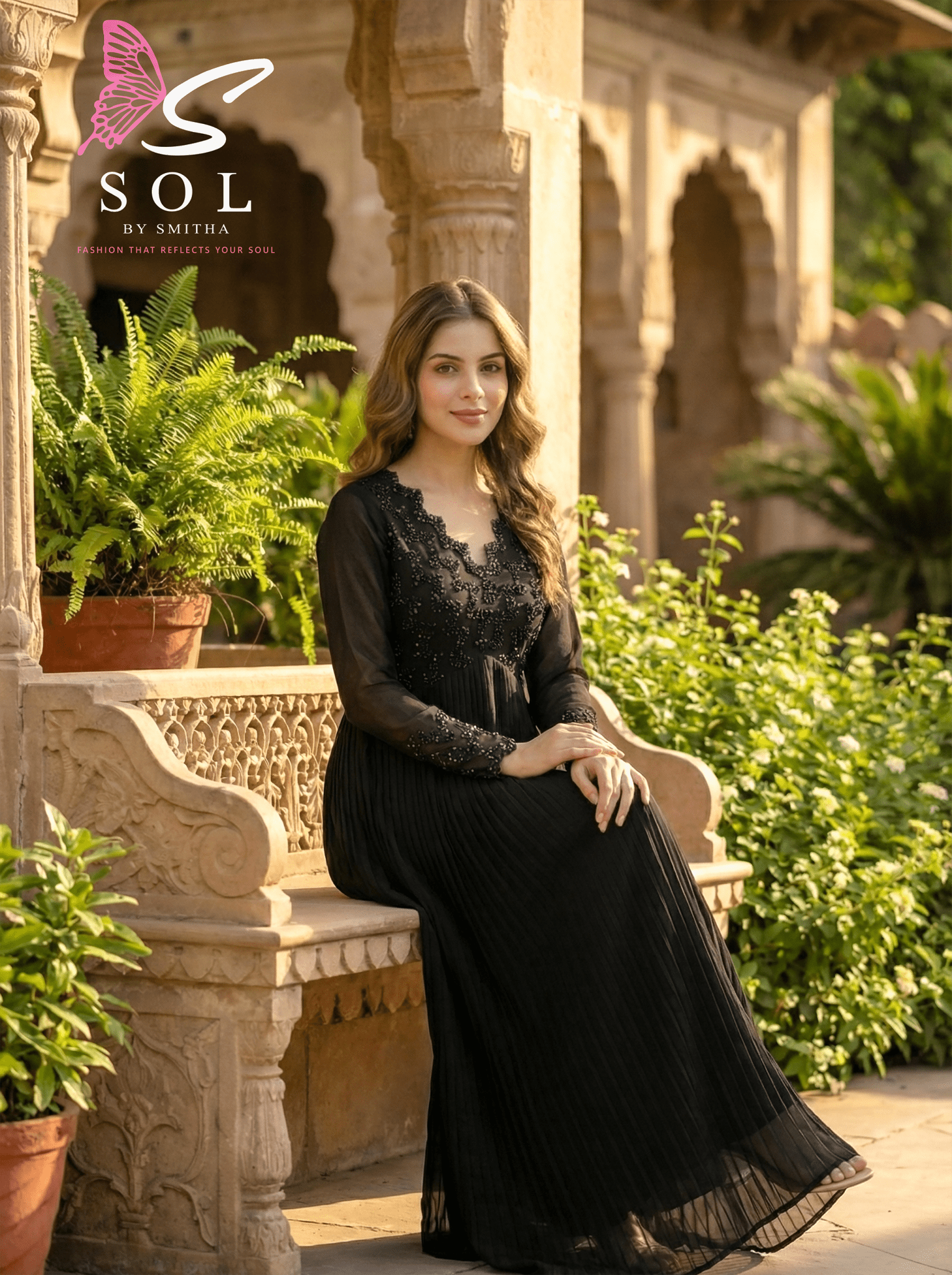 Charcoal Grey Embroidered Pleated Gown - SOL BY SMITHA