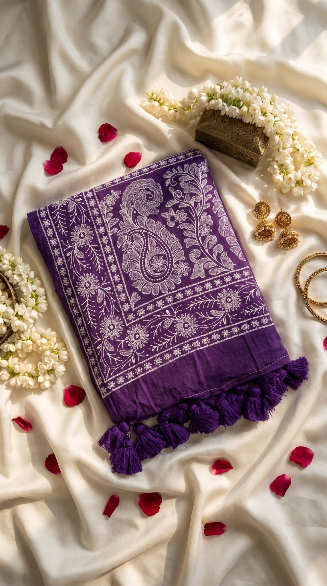 Traditional white Mull cotton saree with intricate Chikankari machine embroidery, designed for women by SOL BY SMITHA.