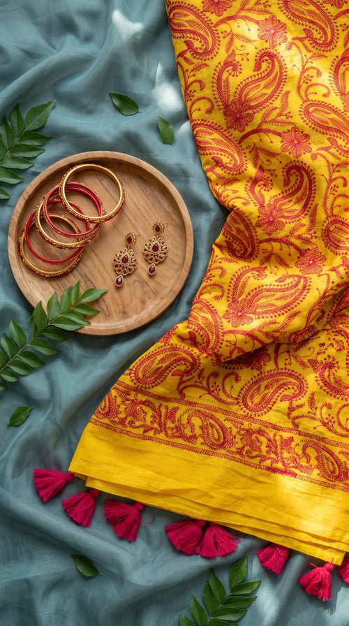 Machine embroidered Chikankari Mull cotton saree for women, traditional cotton saree by SOL BY SMITHA, detailed embroidery visible.