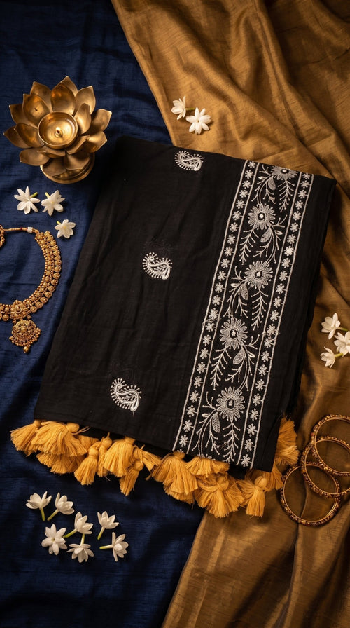 Machine embroidered Chikankari cotton saree for women, traditional Mull cotton saree by SOL BY SMITHA with intricate embroidery.
