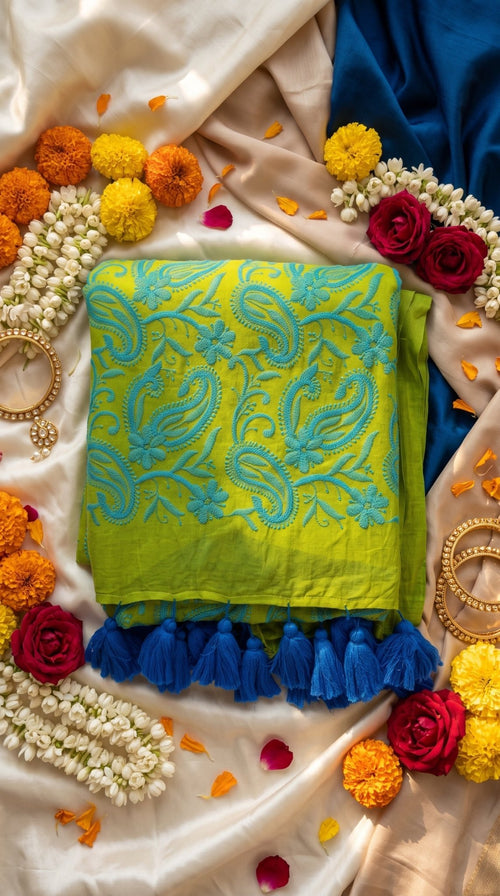 Traditional cotton saree with intricate Chikankari machine embroidery, soft mull fabric, by SOL BY SMITHA for women.
