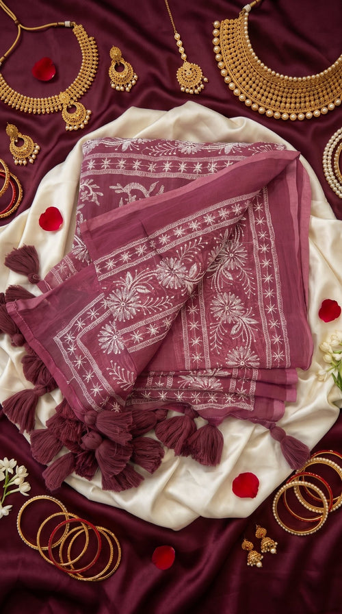 Chikankari machine-embroidered Mull cotton saree for women by SOL BY SMITHA, featuring traditional craftsmanship and elegant design.