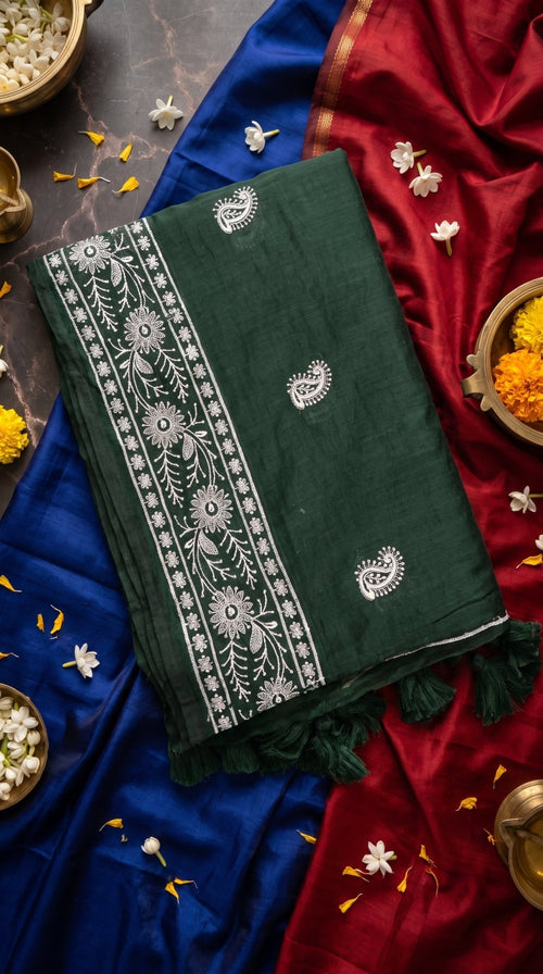 Chikankari machine-embroidered Mull cotton saree for women with intricate embroidery, traditional cotton saree by SOL BY SMITHA.