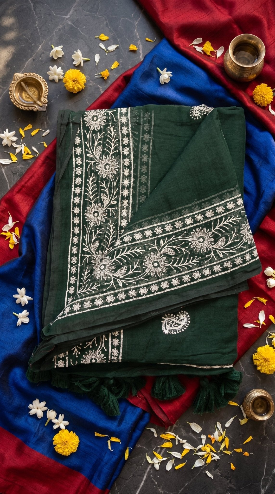 Chikankari machine-embroidered Mull cotton saree for women by SOL BY SMITHA, showcasing intricate traditional embroidery and soft fabric.