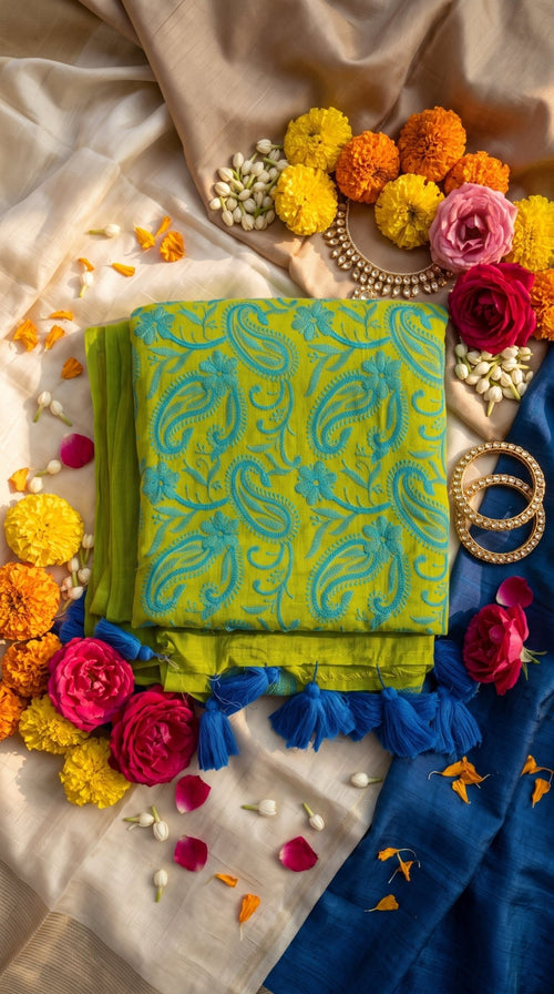 Machine embroidered Chikankari cotton saree for women by SOL BY SMITHA, featuring traditional handcrafted embroidery in soft mull cotton.
