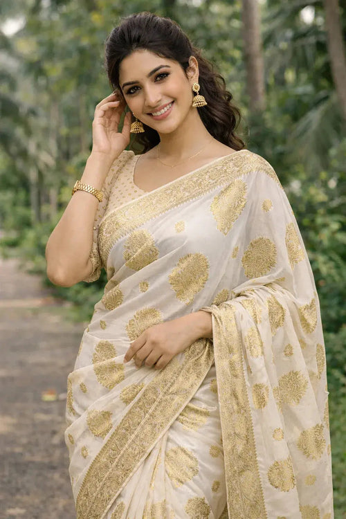 Chinon Saree with Zari Weaving – Lightweight Festive Wear | Sol By Smitha - SOL BY SMITHA