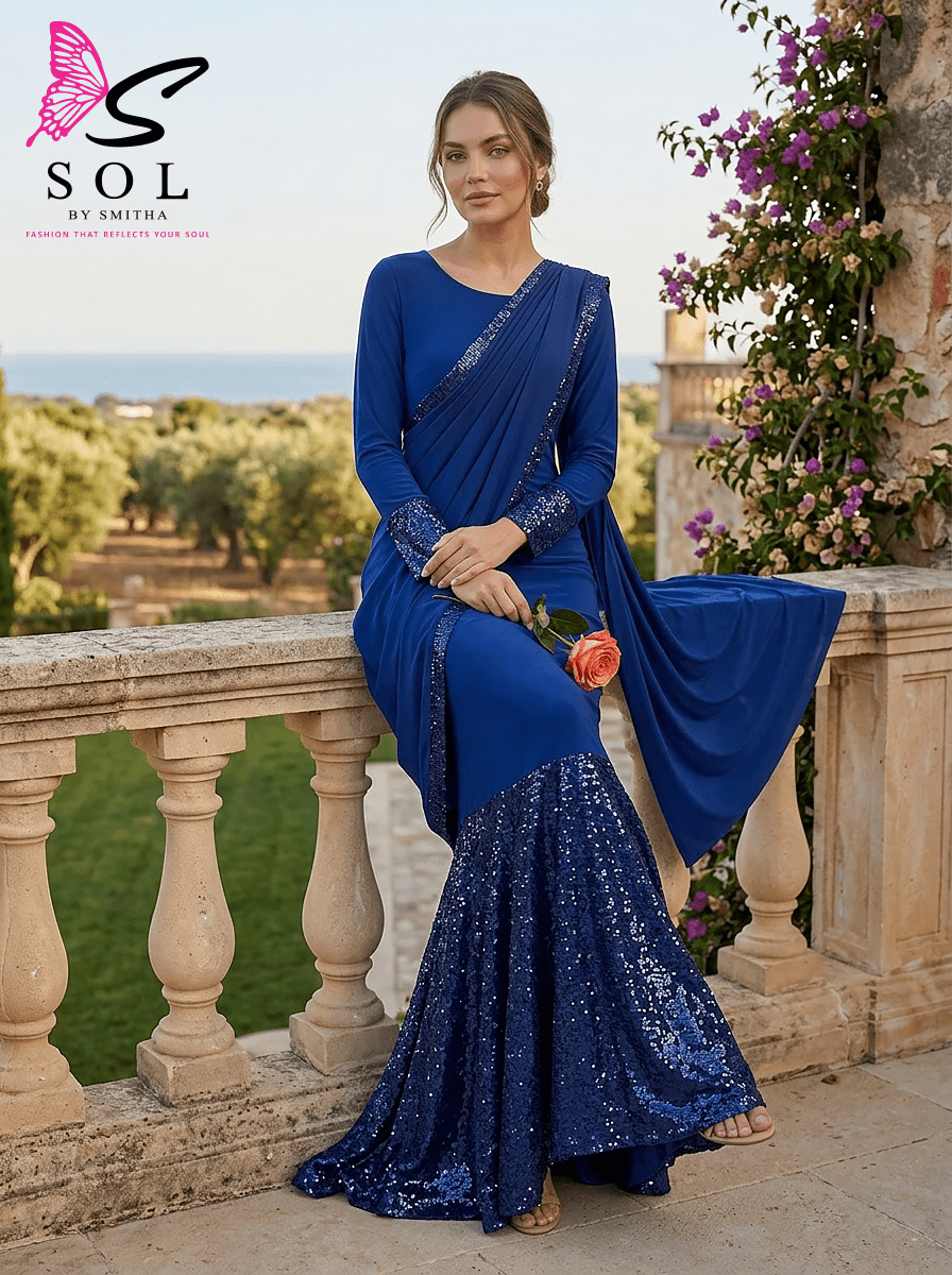 Convertible Gown Saree for Women | 2 - in - 1 Blue Designer Outfit - SOL BY SMITHA