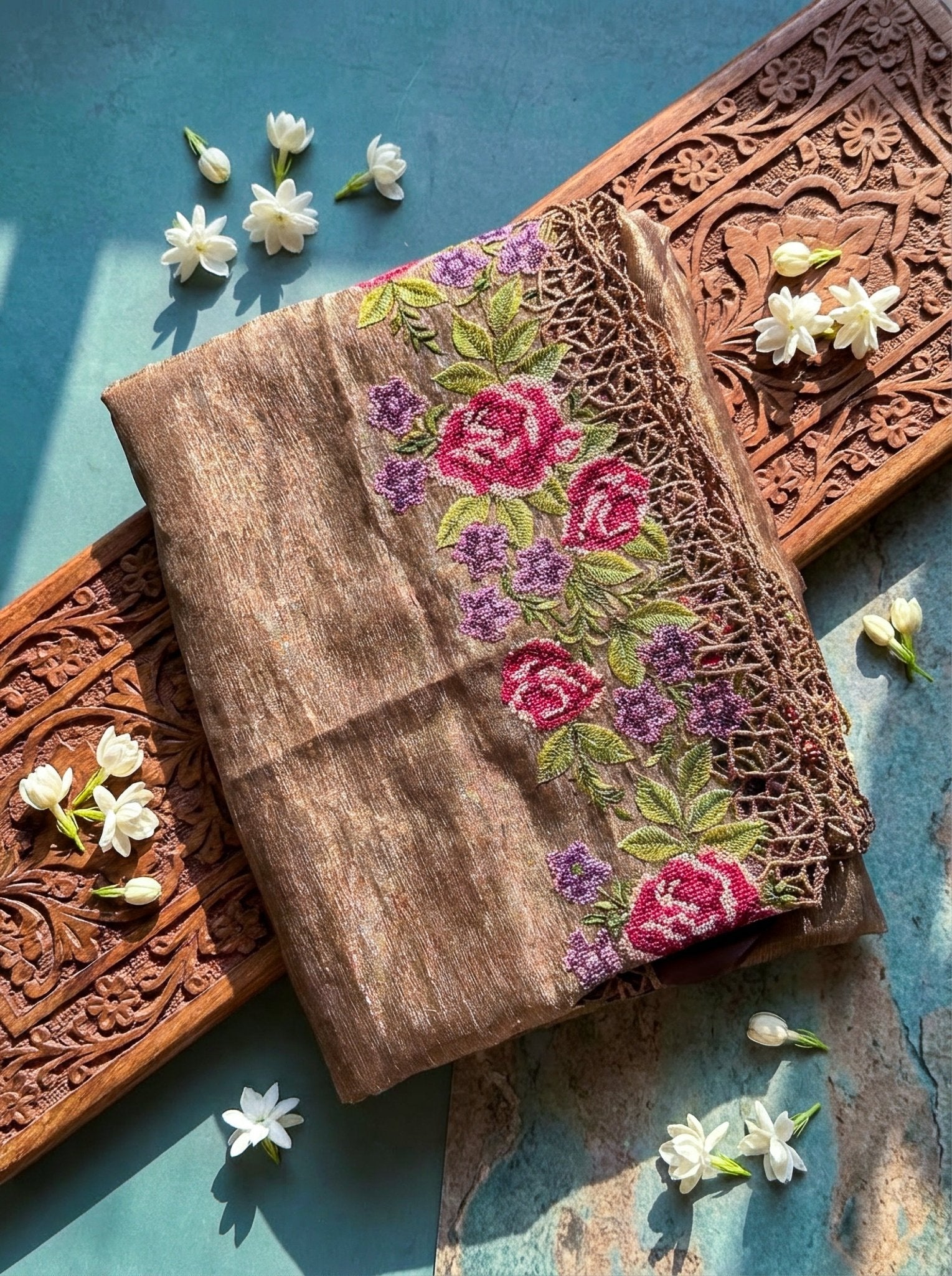 Copper Tissue Silk Saree for Women | Floral Embroidery Cutwork Designer Saree - SOL BY SMITHA