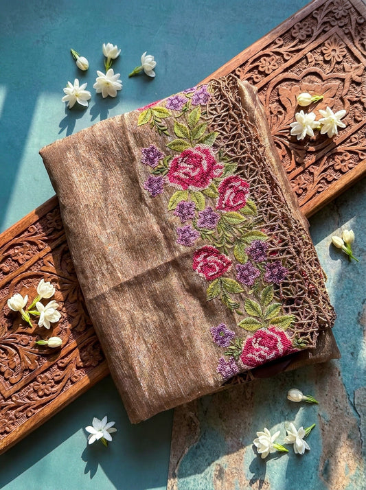 Copper Tissue Silk Saree for Women | Floral Embroidery Cutwork Designer Saree - SOL BY SMITHA