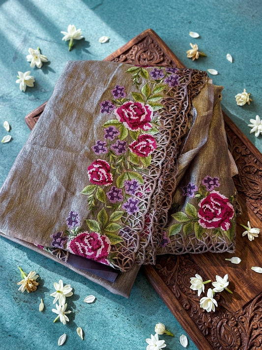 Copper Tissue Silk Saree for Women | Floral Embroidery Cutwork Designer Saree - SOL BY SMITHA