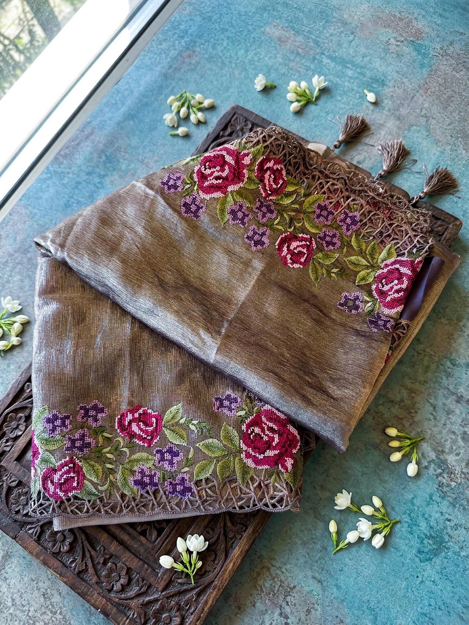 Copper Tissue Silk Saree for Women | Floral Embroidery Cutwork Designer Saree - SOL BY SMITHA