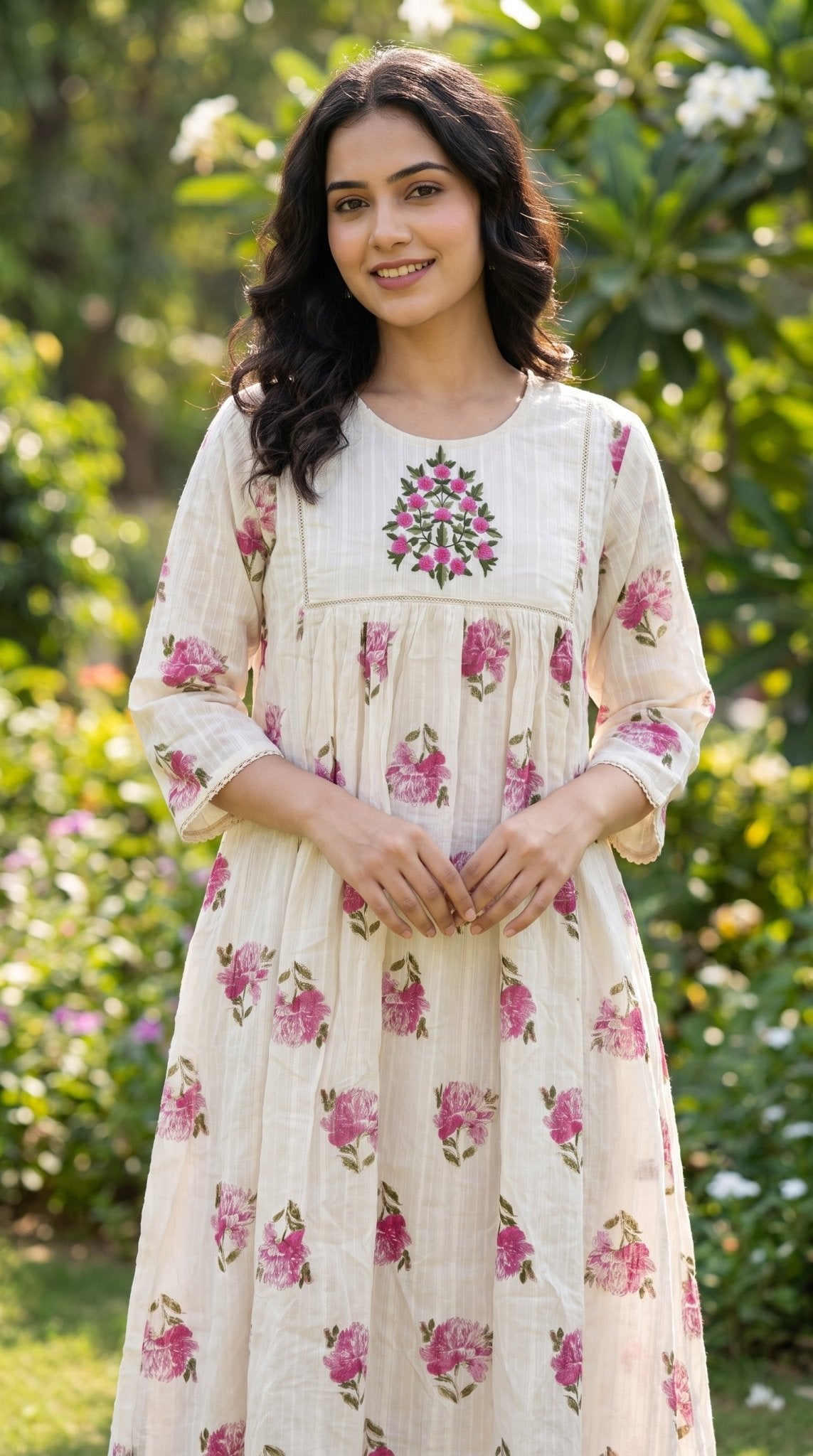 Cotton A-line floral print frock by SOL BY SMITHA featuring a flowy design and vibrant flower patterns.