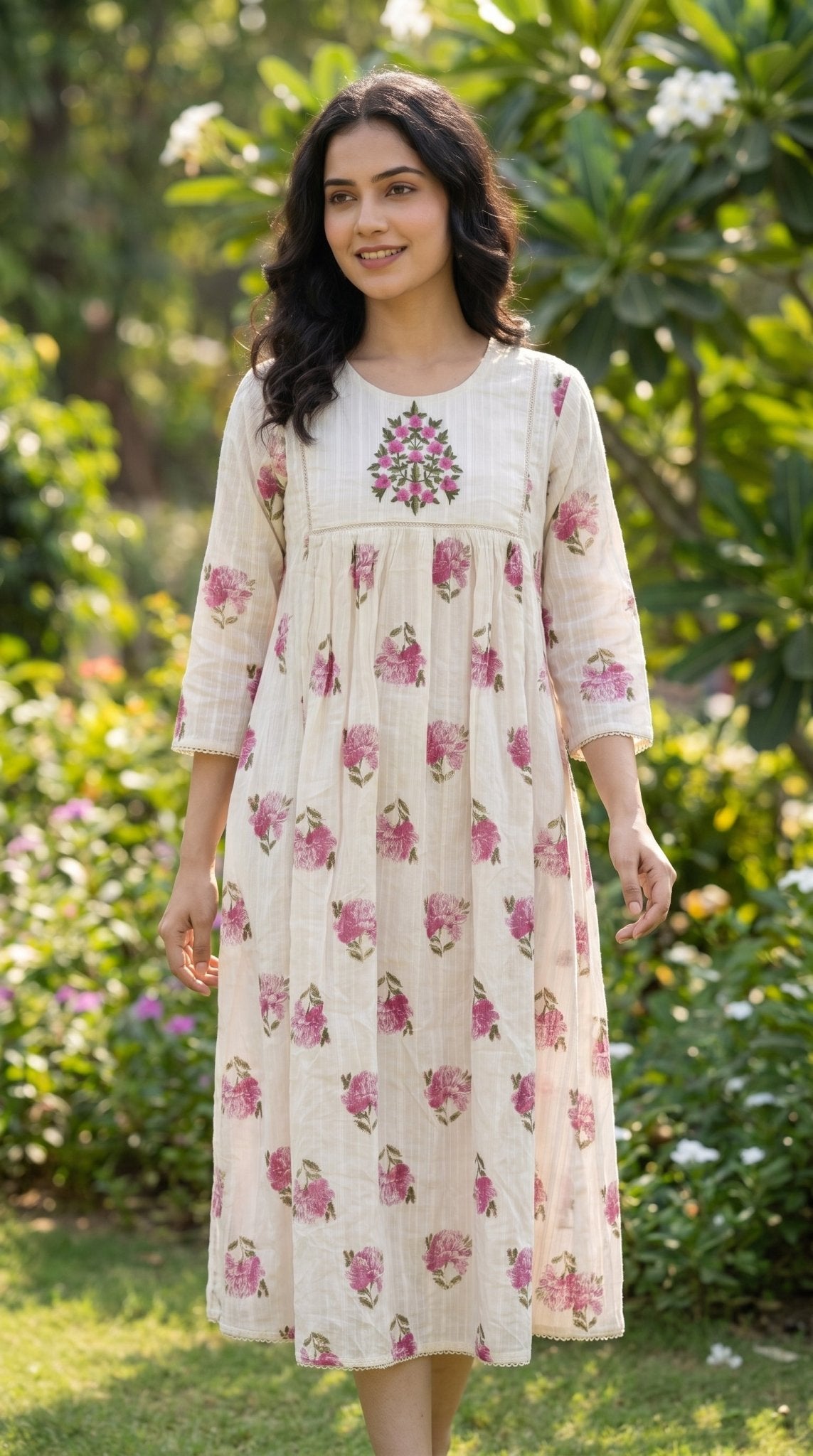 Cotton A-line floral print frock by SOL BY SMITHA featuring a flowy silhouette and colorful floral pattern.