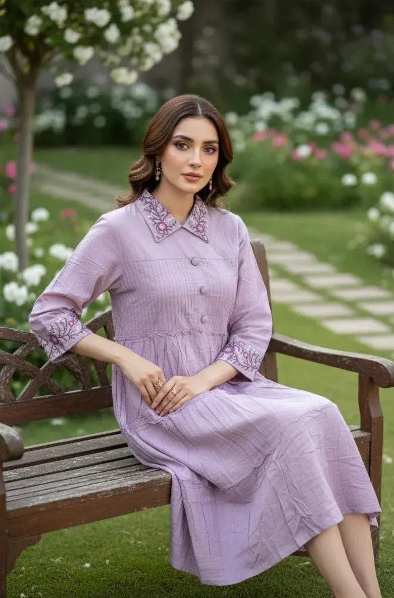 Cotton Embroidered Midi Dress for Women | 3/4 Sleeve Button Front Modest Casual Wear - SOL BY SMITHA