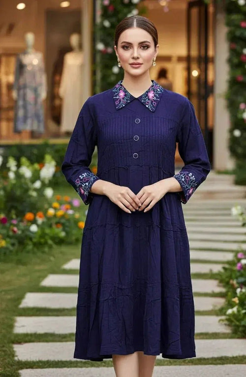 Cotton Embroidered Midi Dress for Women | 3/4 Sleeve Button Front Modest Casual Wear - SOL BY SMITHA