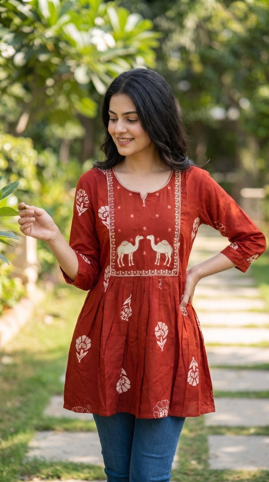 Short cotton kurti by SOL BY SMITHA, featuring a comfortable, casual design with traditional Indian patterns.