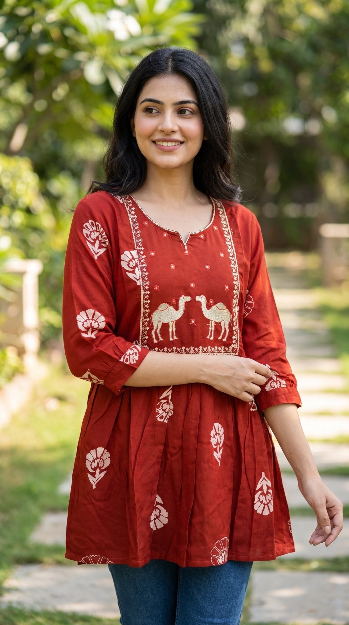 Cotton short kurti by SOL BY SMITHA featuring a comfortable design and intricate patterns, ideal for casual wear.