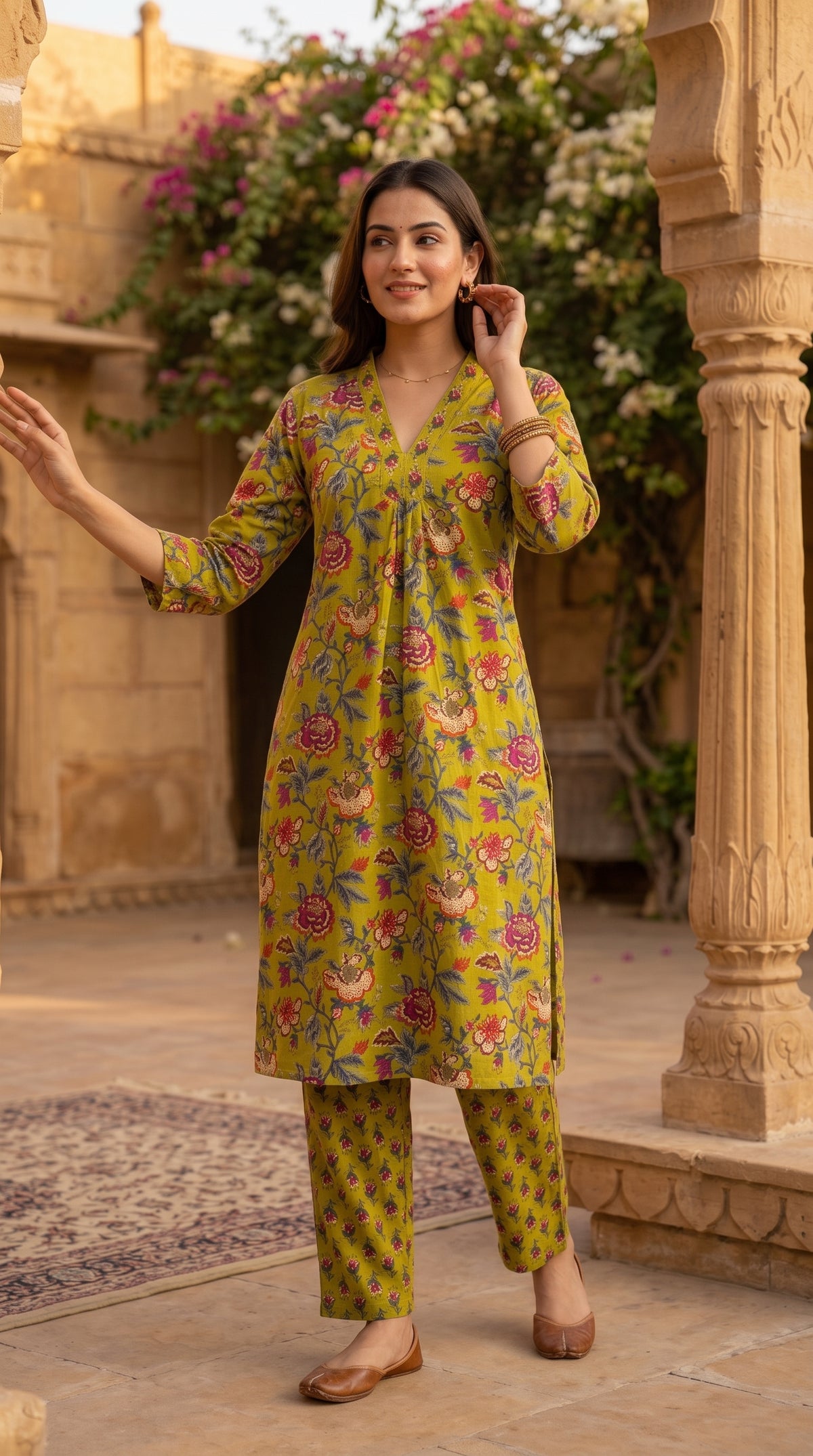 Green 2-piece cotton coordinate set from SOL BY SMITHA featuring a relaxed fit top and matching pants.