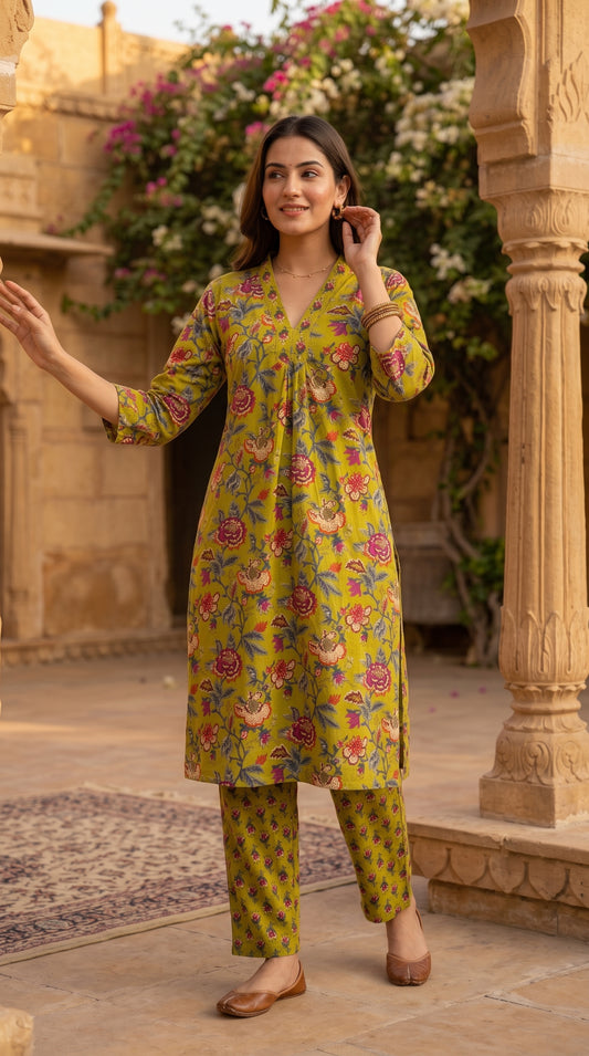 Green 2-piece cotton coordinate set from SOL BY SMITHA featuring a relaxed fit top and matching pants.