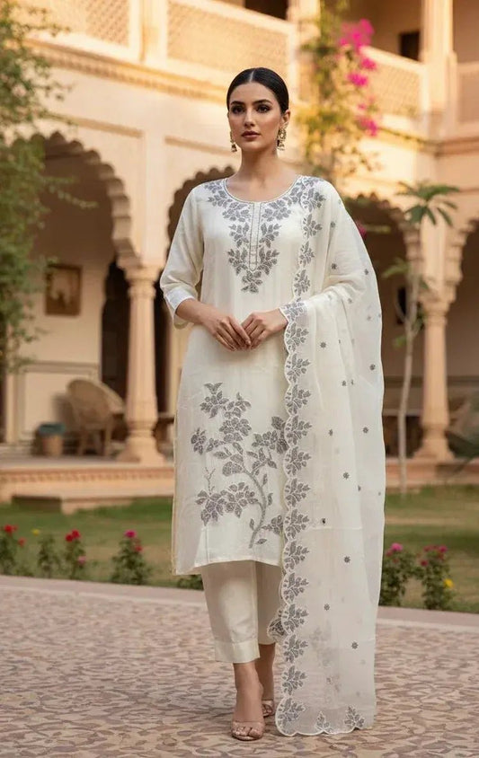 Cream 3 - Piece Embroidered Dress - SOL BY SMITHA