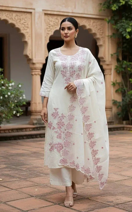Cream 3 - Piece Embroidered Dress - SOL BY SMITHA