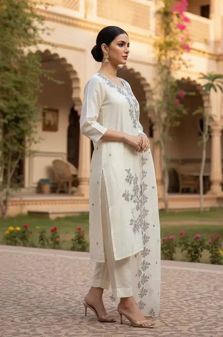 Cream 3 - Piece Embroidered Dress - SOL BY SMITHA