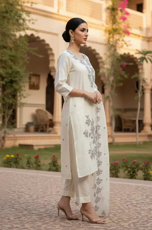 Cream 3 - Piece Embroidered Dress - SOL BY SMITHA