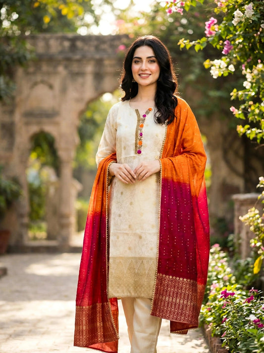 Cream Brocade Kurta Set with Red Banarasi Dupatta – Festive & Wedding Wear - SOL BY SMITHA