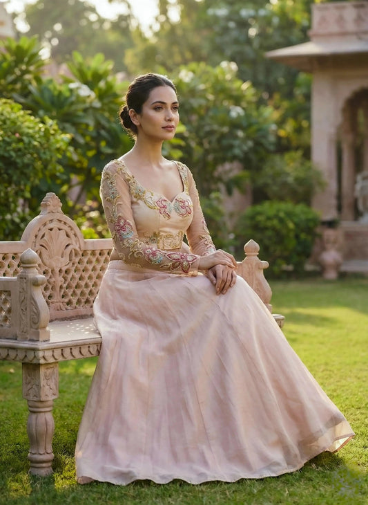 Cream embroidered designer saree blouse with sheer sleeves and beadwork by Sol By Smitha Dubai